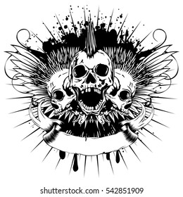 Vector illustration three punk skull with mohawk haircut and wings on grunge background. Design punk rock sign for t-shirt or tattoo