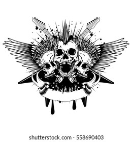 Vector illustration three punk skull with mohawk haircut and crossed guitars on grunge background. Design for t-shirt or poster print