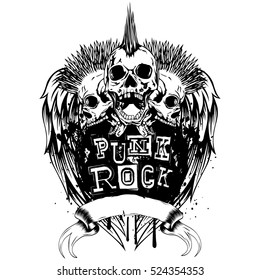 Vector illustration three punk skulls and lettering punk rock on wings. Skull with mohawk on his head and open jaws.