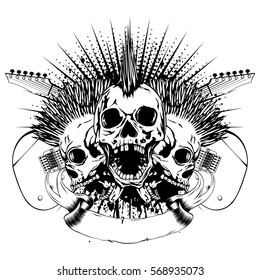 Vector illustration three punk skulls with mohawk haircut and crossed guitars on grunge background