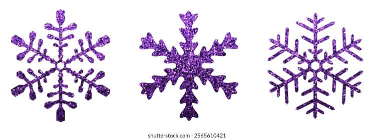 Vector illustration of three purple glitter snowflakes on a white background, perfect for winter and festive designs.
