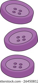 Vector illustration of three purple sewing buttons arranged in a vertical floating layout. Rendered in a clean, flat cartoon style with soft shadows and bold outlines.