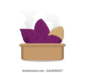 vector illustration of three purple sweet potatoes, one half peeled or sweet potato, which is a staple or traditional food in several countries in a brown bowl