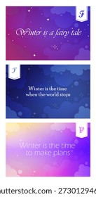 Vector illustration. Three quotes about winter on dark and light background cards.