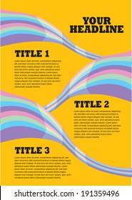 Vector illustration of three rainbow across yellow background. Page layout with copy space.