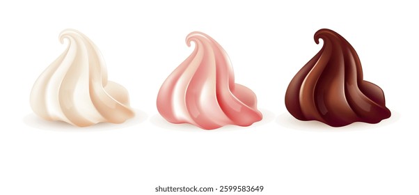 Vector illustration of three realistic cream swirls in vanilla, strawberry, and chocolate flavors on a white background. Perfect for food design, packaging, and dessert-themed projects.