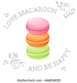 vector illustration of three realistic isolated sweet macaroon - with hand drawn curly leaves and branches.