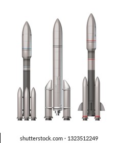 Vector illustration of three realistic space rockets of different properties and power isolated on white background