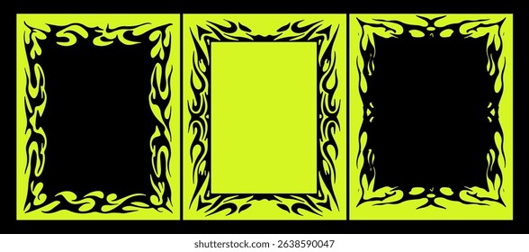 Vector illustration with three rectangular frames, neon yellow and black tribal flame patterns, inspired by bold, edgy graphic design trends and geometric shapes.