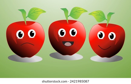 Vector illustration of three red apples with different expressions on a green background