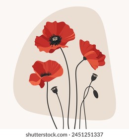 Ilustración vectorial de tres amapolas rojas en jarrón sobre fondo beige limpio creando una Imagen llamativa para una tarjeta de Día de Recuerdo o Día de la Victoria