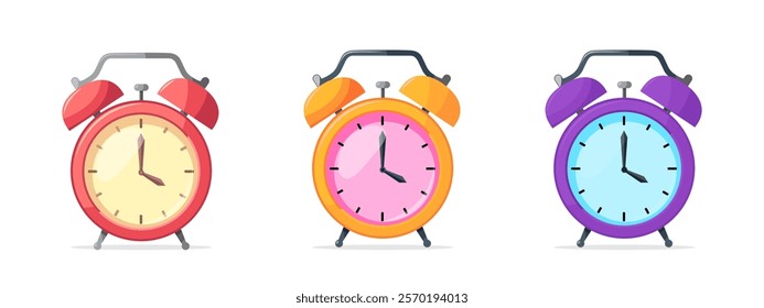 Vector illustration of three retro-style alarm clocks in vibrant red, orange, and purple colors, perfect for time-themed designs.
