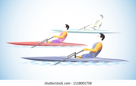 Vector illustration of three rowers in single sculls racing on water. Athletic competition, teamwork, endurance, and professional water sport concept.