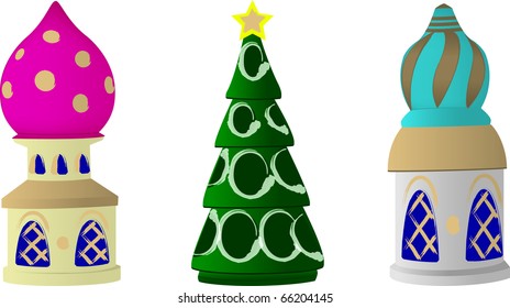 A vector illustration of a three Russian Christmas tree decorations on a white background.