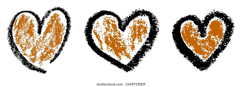 Vector illustration of three rustic, textured hearts in earthy tones with a bold black outline, exuding warmth and charm.