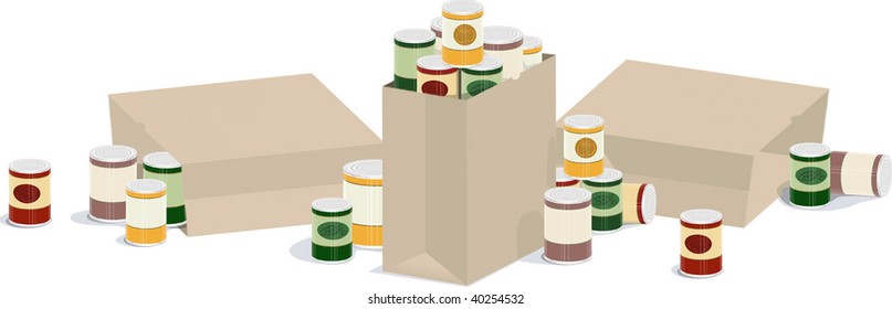 a vector illustration of three sacks of overflowing canned goods