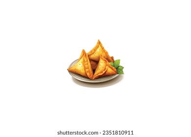 vector illustration of three samosa with mint leaves on white background