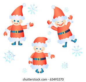 Ilustración vectorial de tres cláusulas Santa y copos de nieve