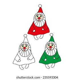 Vector Illustration: Three Santas white, red and green in form of triangle