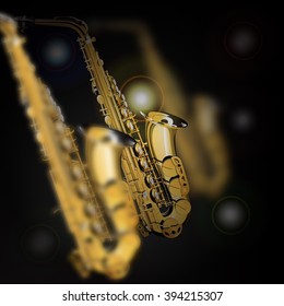 Vector illustration of three saxophone with blurred focus on a dark background with lights.