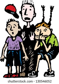 Vector illustration of three scared kids