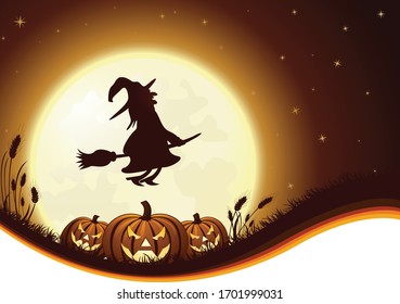 A vector illustration of three scary carved jack-o-lantern pumpkins glowing on a hill with the silhouette of a spooky witch in front of a full moon on Halloween night