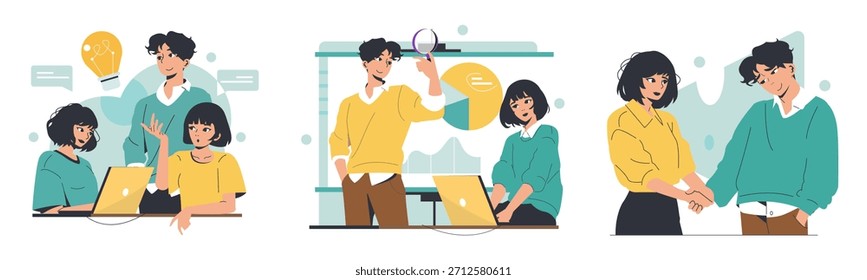Vector illustration of three scenes depicting collaborative office activities. Includes brainstorming, presentations, and teamwork with diverse expressions and interactions among team members.