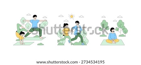 Vector illustration of three scenes featuring a group enjoying outdoor activities like yoga, running, and meditating. The cartoon style captures a lively and healthy lifestyle.