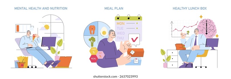 Vector illustration of three scenes: a person enjoying fast food while working on mental health, a person actively preparing a meal plan, and another eating a healthy lunch for brain activity.