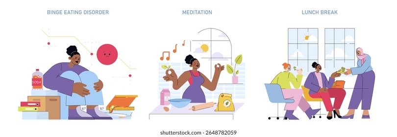 Ilustração vetorial de três cenas: uma pessoa enfrentando o transtorno da compulsão alimentar, outra praticando meditação com música e um grupo desfrutando de um almoço social juntos.