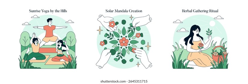 Vector illustration of three scenes: a sunrise yoga session by the hills, a hands-on solar mandala creation, and a serene herbal gathering ritual in nature.
