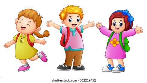 Vector illustration of Three school kids waving