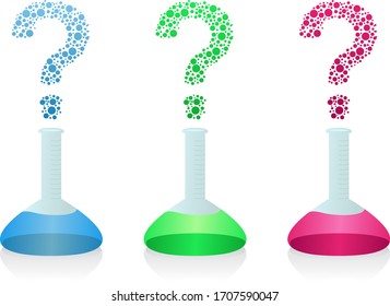 A vector illustration of three science beaker bottles with question marks