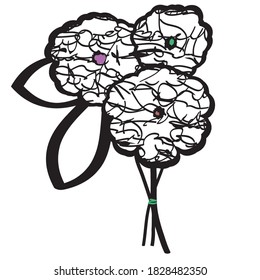 Vector illustration of three scribble  flowers, stems held by a green string and leaves in black and white.