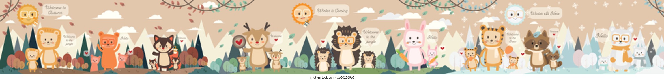 vector illustration three season forest,winter,Spring,autumn and family animals,lion, bear,red fox,deer,porcupine,rabbit,tiger,raccoon,snow bear with woodland in flat cartoon design with cute concept.