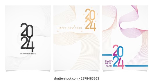 vector illustration three set 2024 fonts numbers templates isolated backgrounds for New Year calendar, covering, social media header, greeting cards, screen printing, catalogue booklet, magazine cover