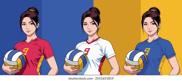 Vector illustration three sets a female athlete volleyball player 