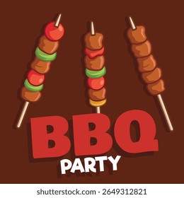 Vector illustration of three shashlik with grilled meat and vegetables. Kebab, shashlik, grilled on a skewer, food meat in cartoon style and bbq party