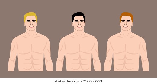 vector illustration of three shirtless men with different hair colors