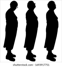 Vector Illustration Three Silhouettes Of Older Women In Glasses. Senior Women Stand In Line, One After Another. Walking Group Of Senior Citizens. Black Silhouette Is Isolated On A White Background.