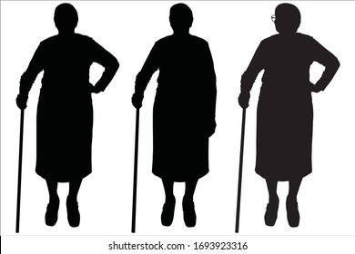 Vector illustration three silhouettes of older women in glasses. Senior women are standing next to each other, looking in different directions, on the sides. Front view, full face. Friends on a walk.