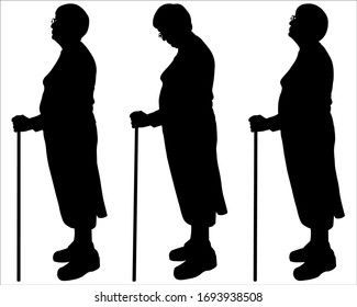 Vector illustration three silhouettes of older women in glasses and with walking sticks. Elderly seniors stand behind each other, look in different directions, on the sides. Side view, profile.