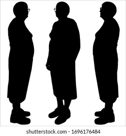 Vector Illustration Three Silhouettes Of Older Women In Glasses. Elderly Seniors Stand In A Semicircle And Look At Each Other. Pensioners Communicate In A Close Circle. Black Silhouette Is Isolated.