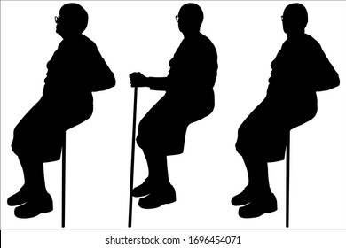 Vector illustration three silhouettes of older women in glasses. Granny with a stick for walking are sitting. Old woman leans on a stick for walking. Black silhouette is isolated on a white background