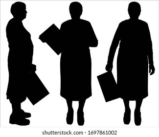 Vector illustration three silhouettes of older women with a folder in hand. Office worker. Working pensioner. Secretary with work experience. Grandmother with a document in her hands. Black silhouette