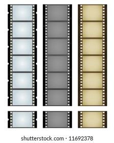 Vector illustration of three simple filmstrips: blue, gray and aged and textured brown.