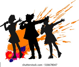 Vector illustration of three singer little girls on stage