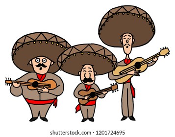 Vector illustration of three singing and playing mexican musicians with guitars isolated on white