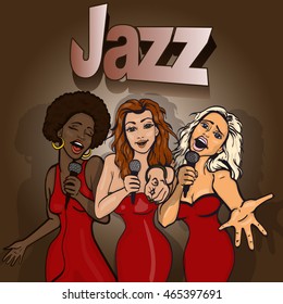 vector illustration of a three singing  woman . karaoke party . copy space