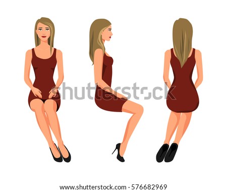 Vector illustration of three sitting girl in red dress under the white background. Cartoon realistic  people illustration. Flat young woman. Front view girl, Side view girl, Back side view girl